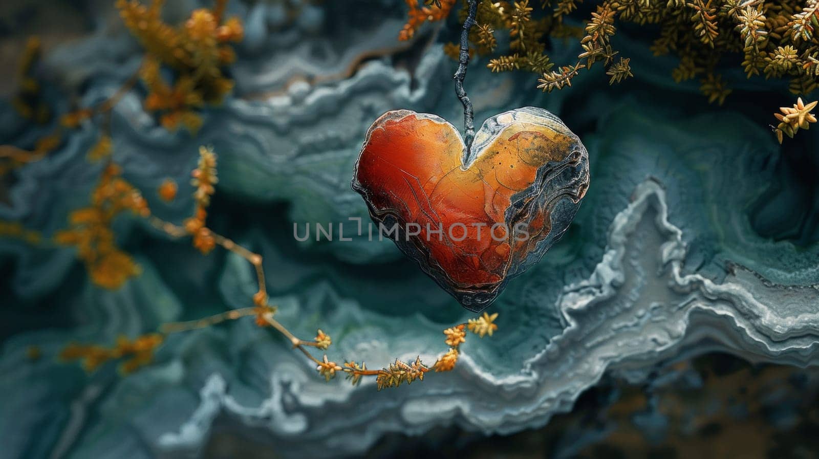 A heart shaped object hanging from a tree branch in the background, AI by starush