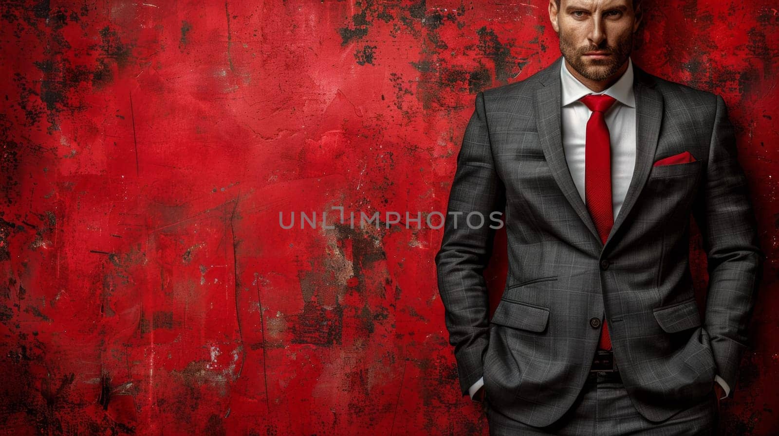 A man in a suit and tie standing against red wall
