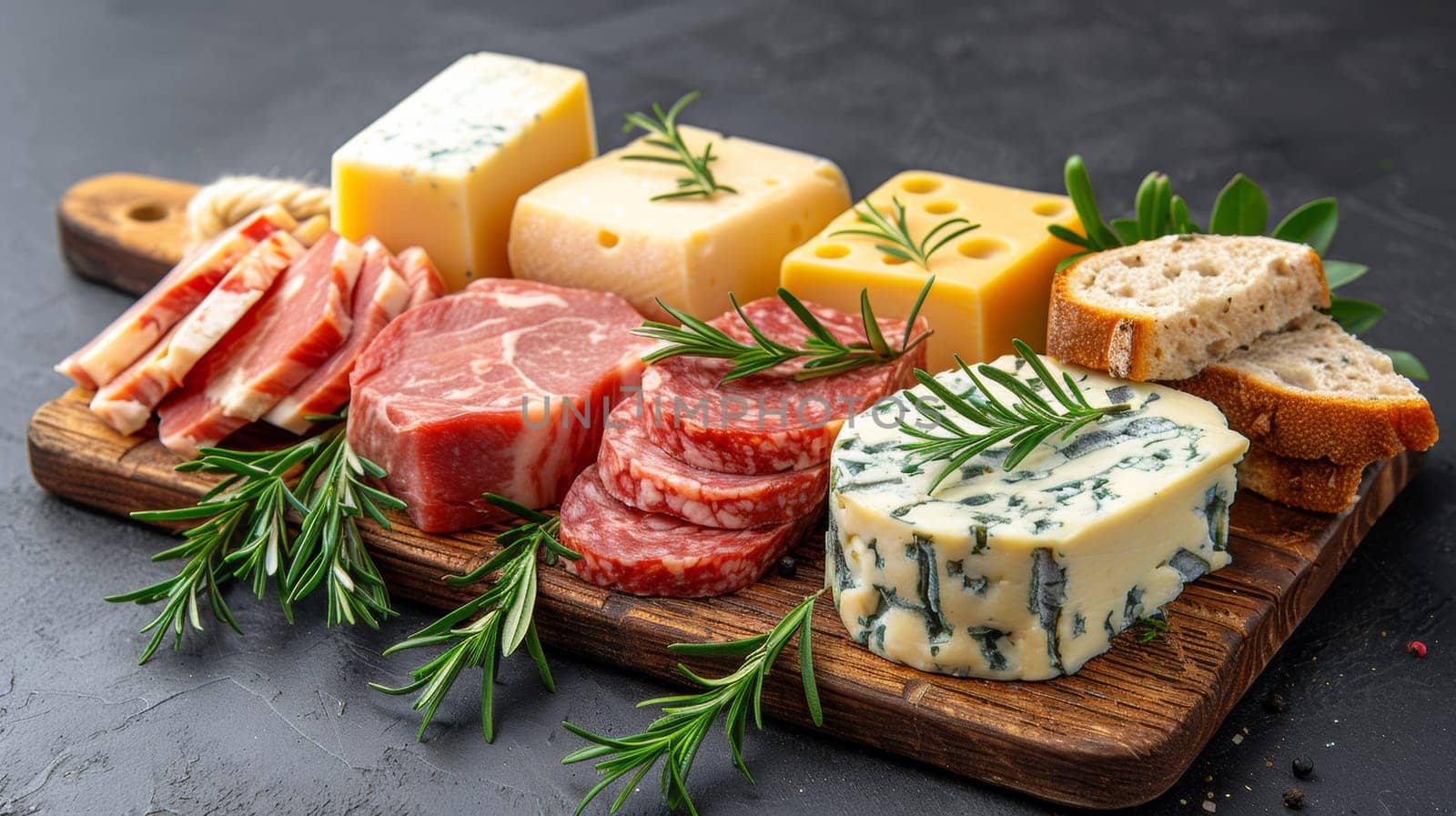 A wooden cutting board with various types of meat and cheese