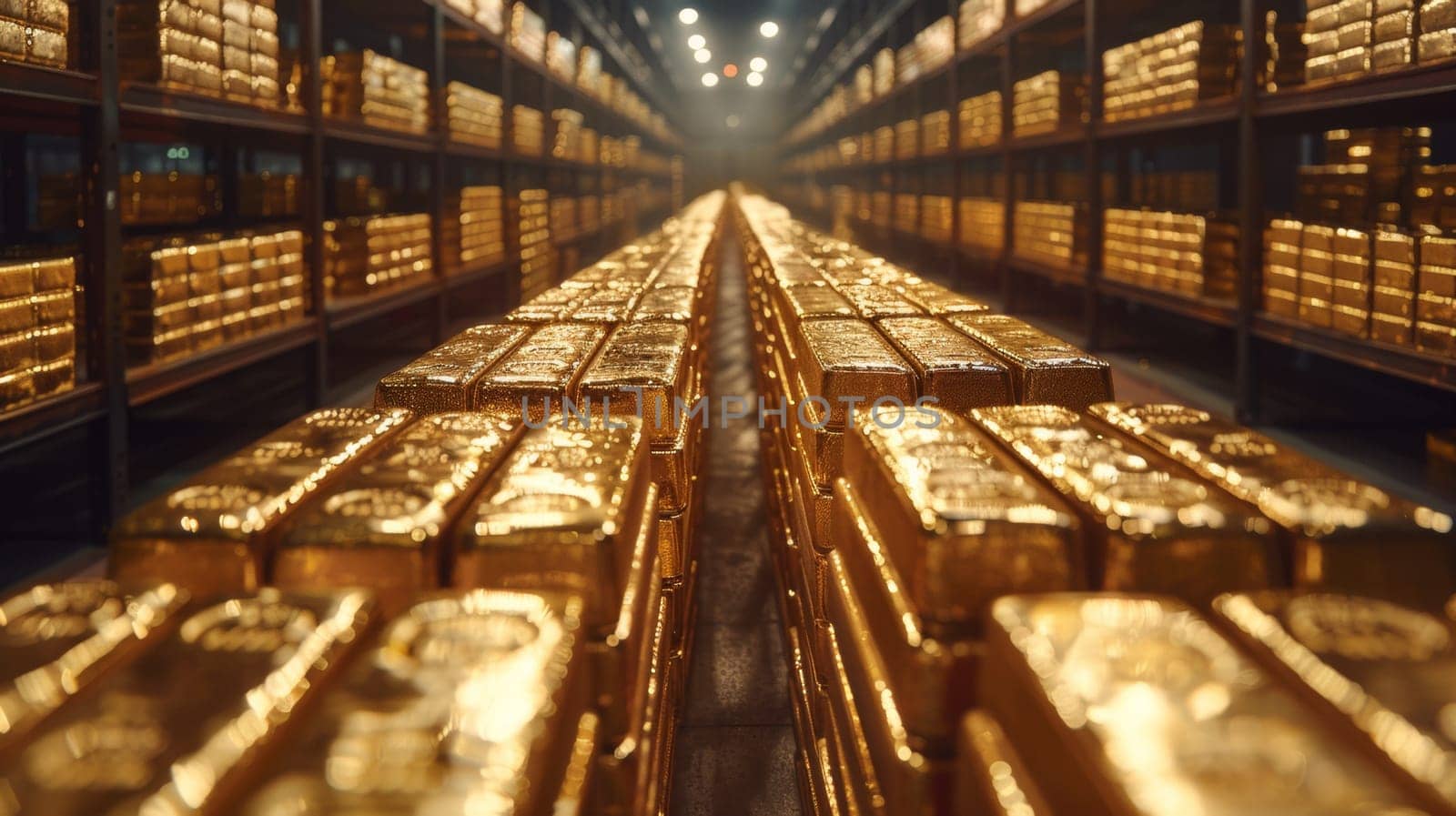 A warehouse full of gold bars in rows and columns, AI by starush