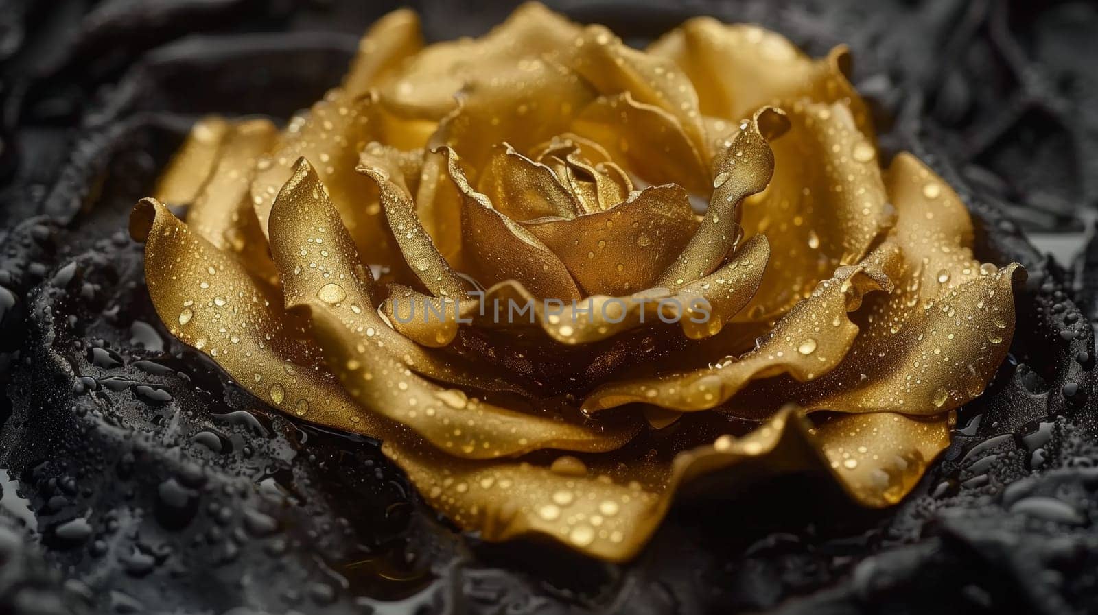 A golden rose with water droplets on it sitting in a pile of leaves