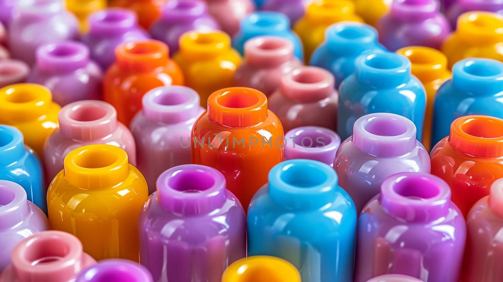 A close up of a bunch of colorful plastic bottles, AI by starush
