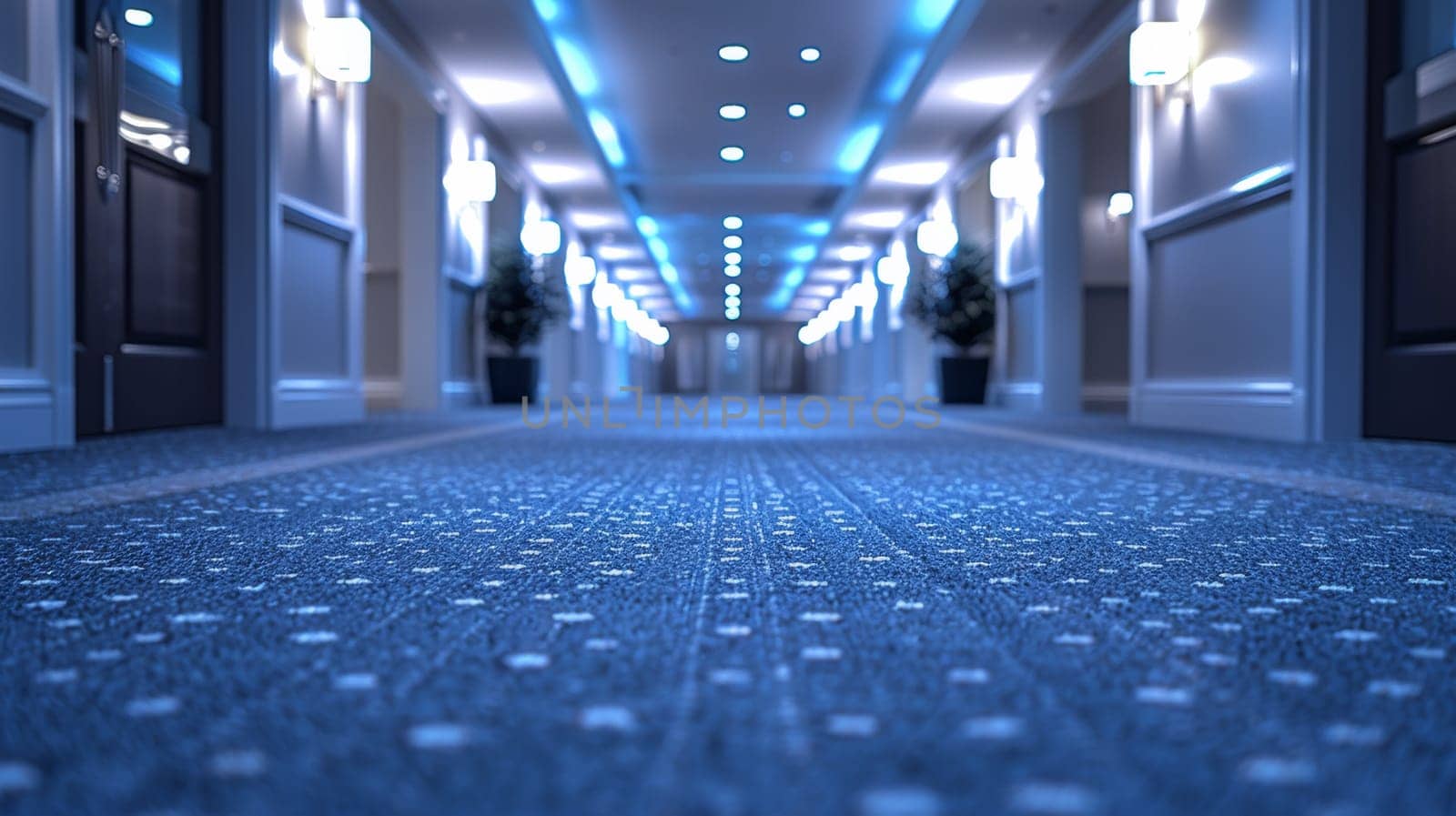 A hallway with blue carpet and lights on the ceiling