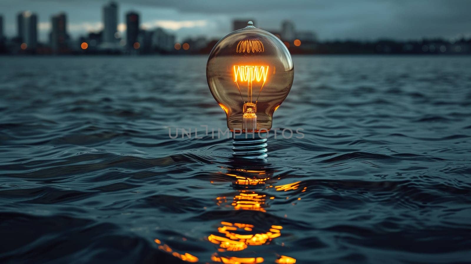 A light bulb is floating in the water with a city skyline behind it