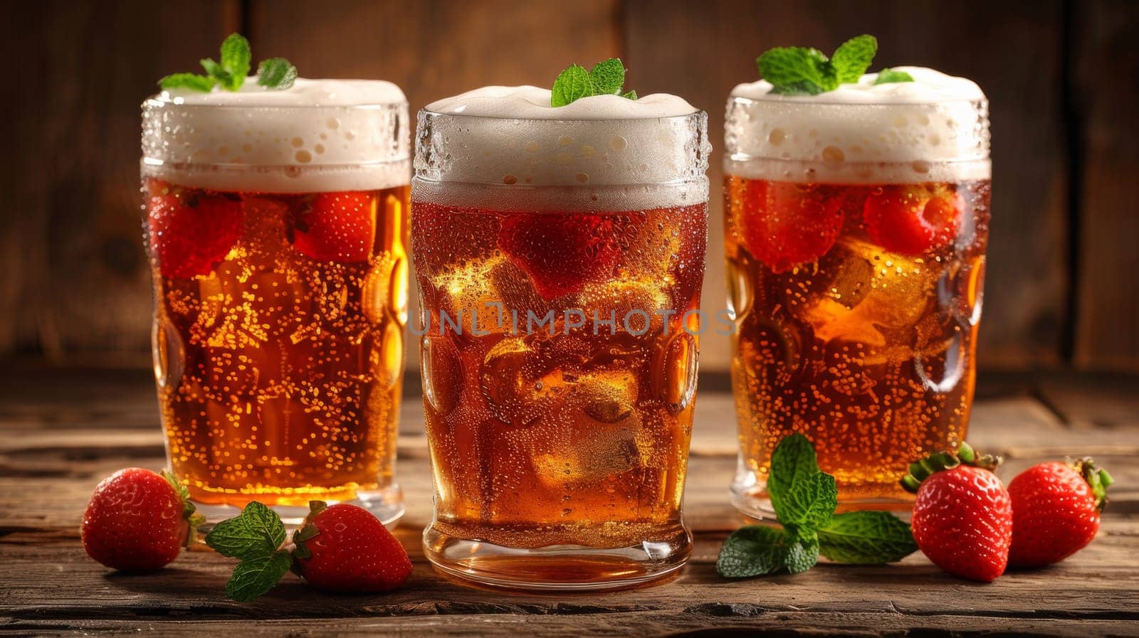 Three glasses of beer with ice and strawberries on a table