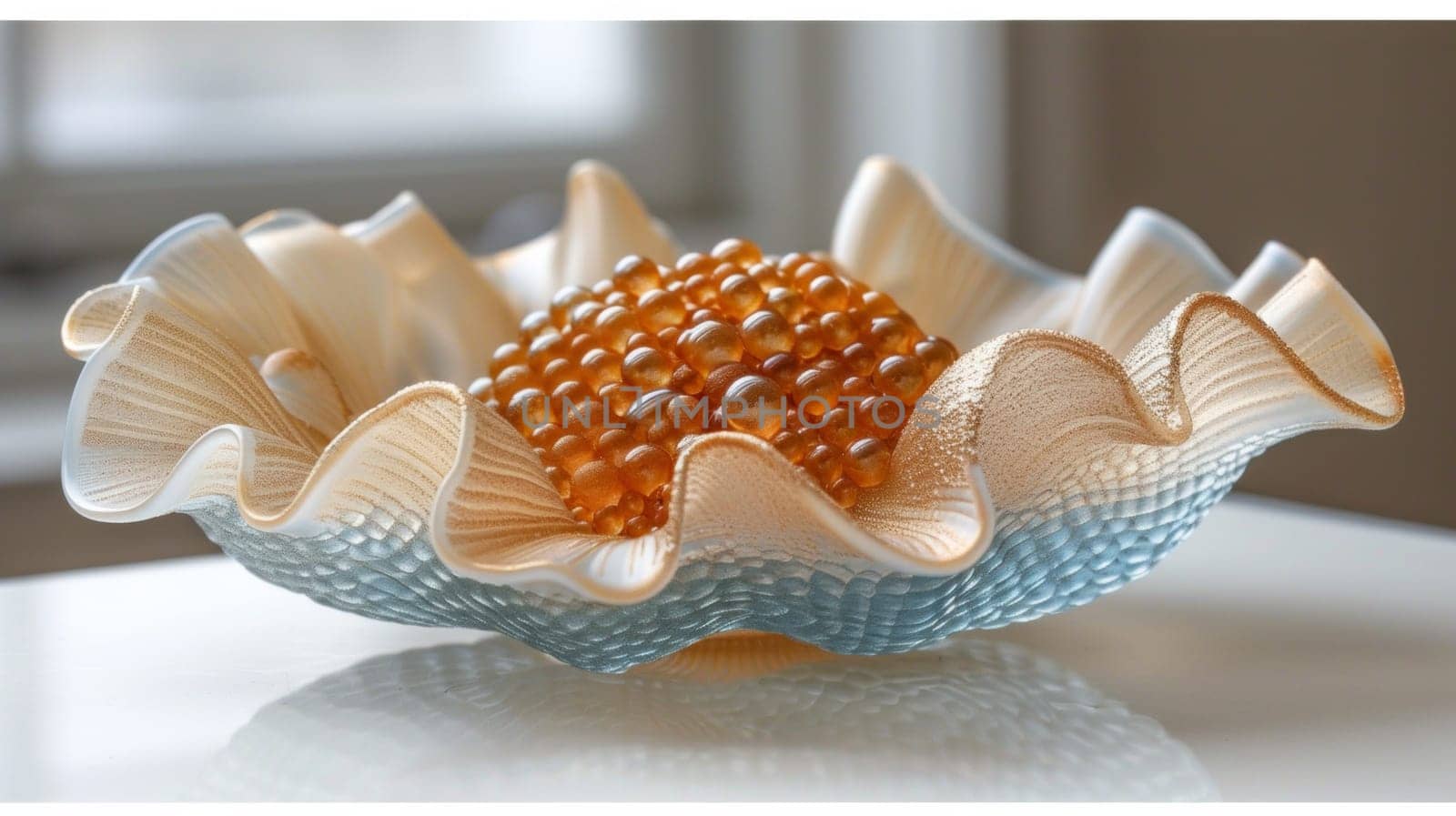 A glass bowl with a bunch of beads on top, AI by starush