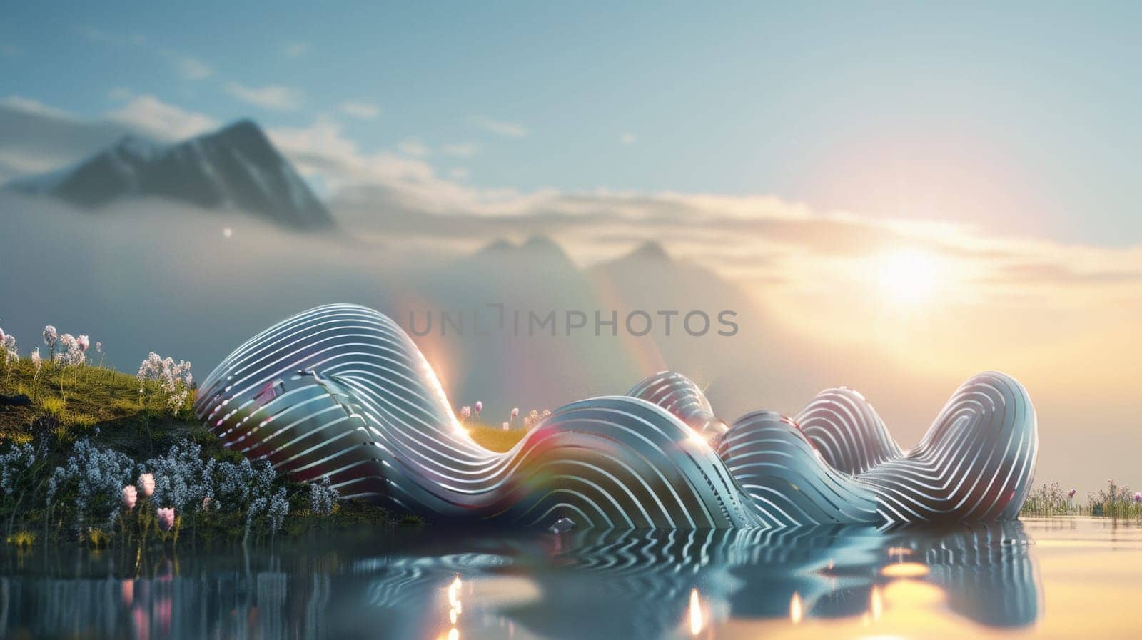 A sculpture of a large wave sitting in the water near mountains, AI by starush