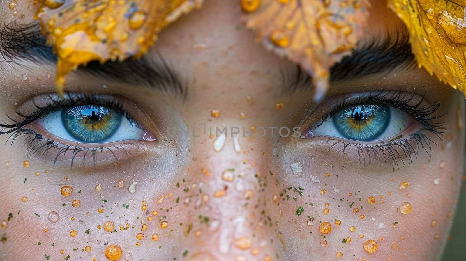A close up of a woman with blue eyes and leaves on her face