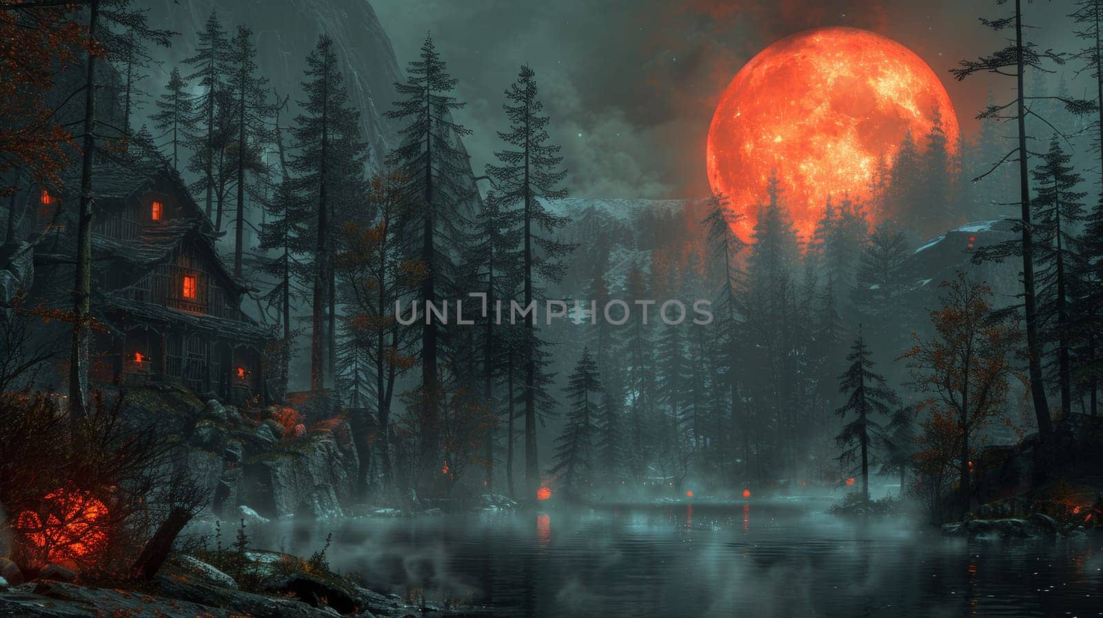 A full moon over a forest with trees and houses, AI by starush