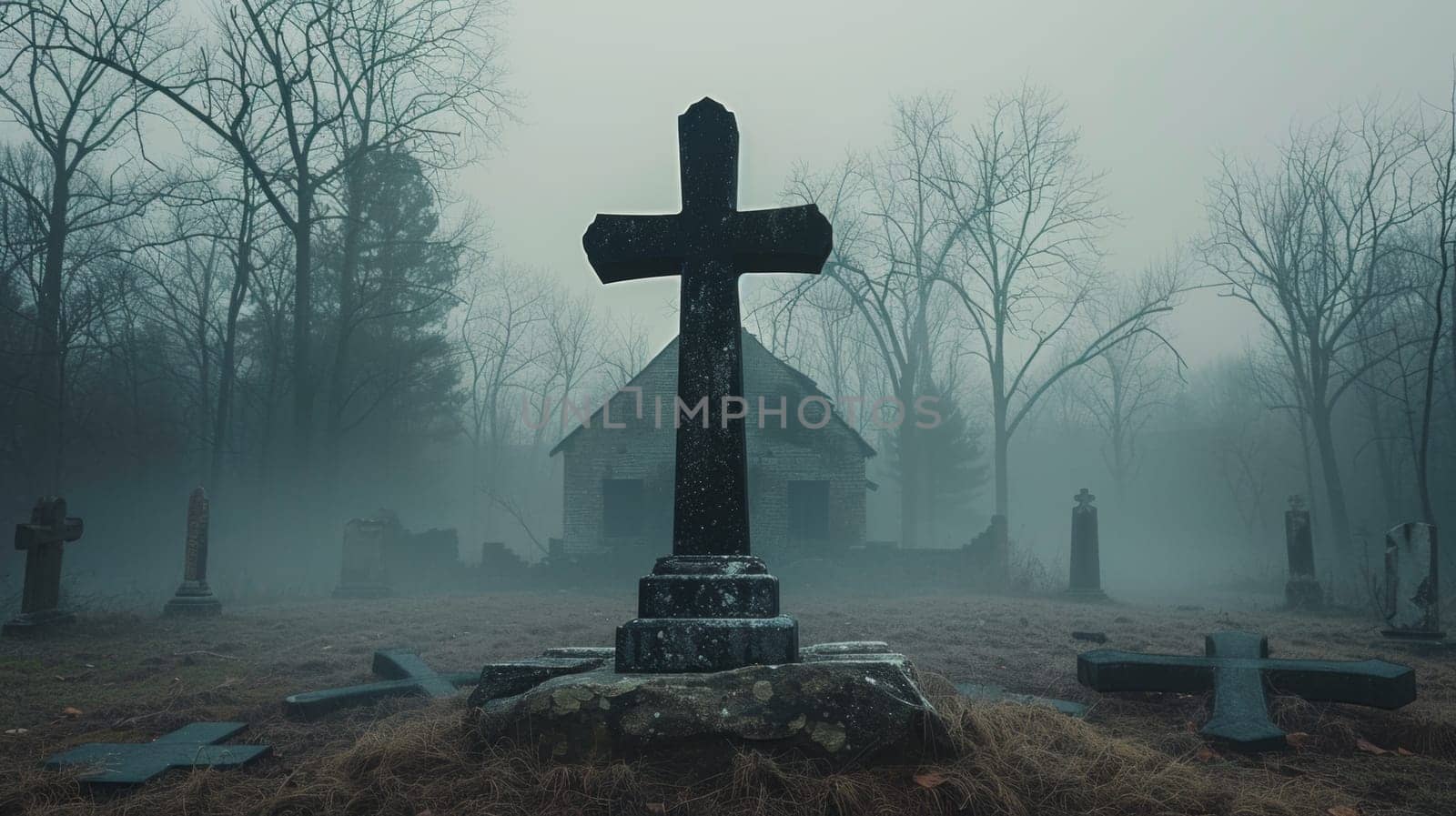 A cemetery with a cross and tombstones in the fog