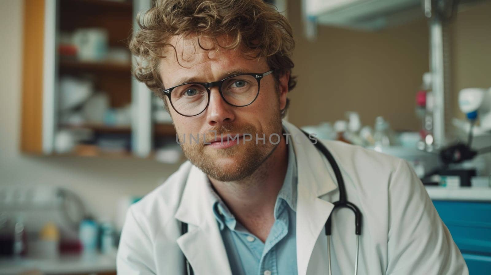 A man in a white coat with glasses and curly hair, AI by starush