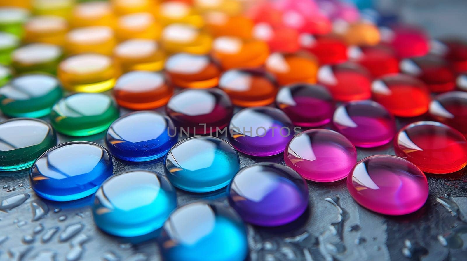 A bunch of colorful glass beads are sitting on a table