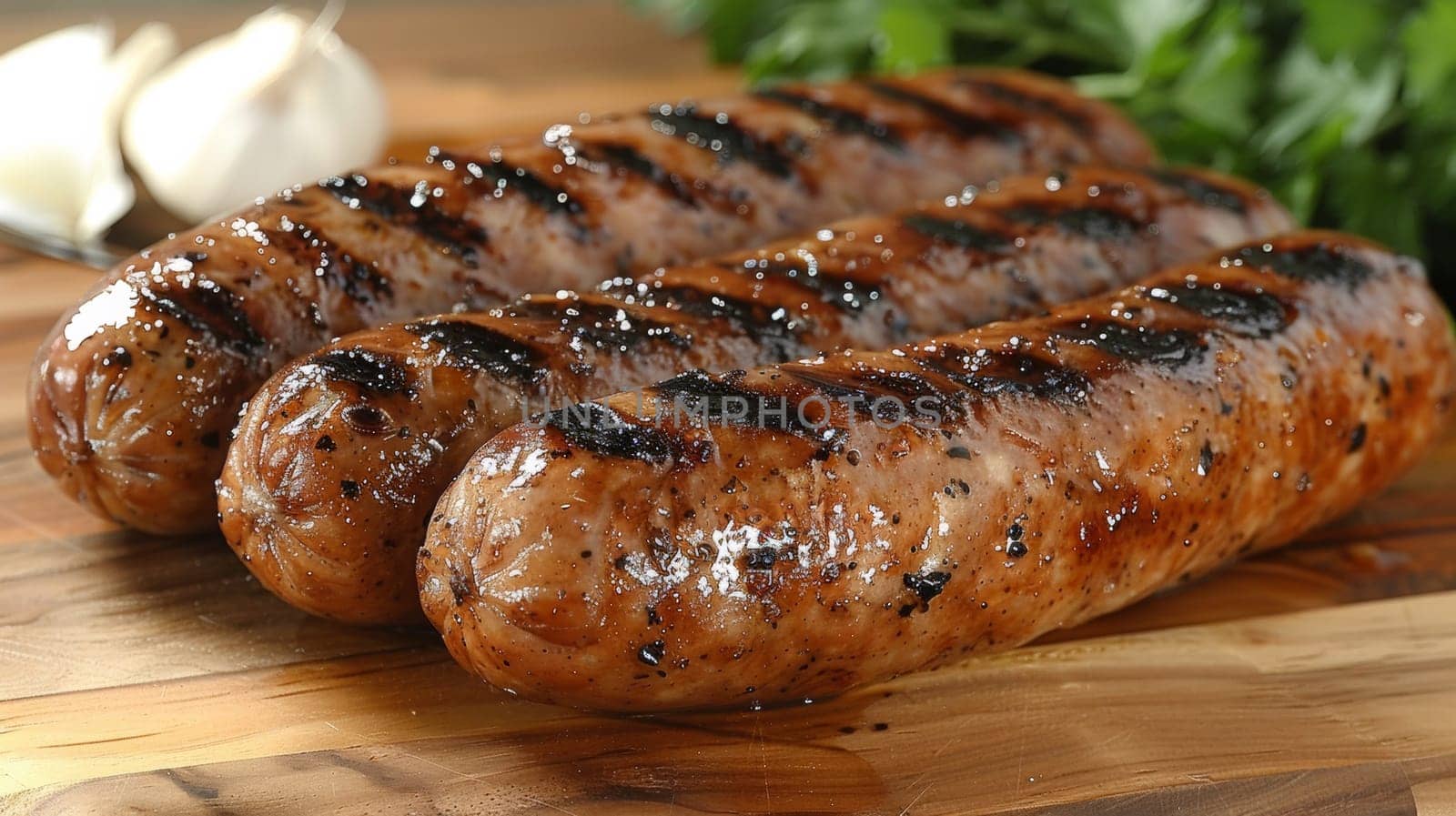 Three sausages are sitting on a cutting board with garlic