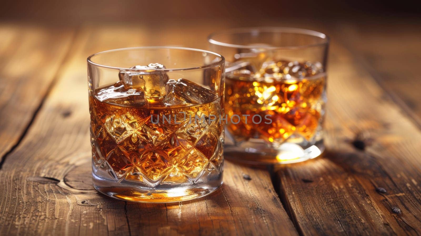 Two glasses of alcohol with ice on a wooden table