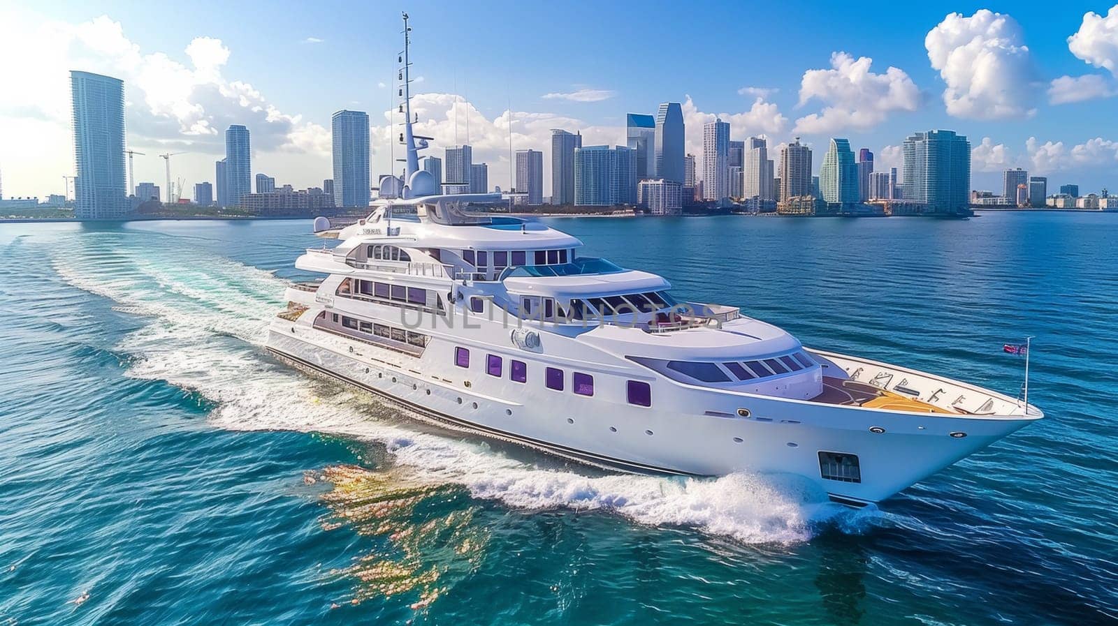 A large yacht traveling on the water in front of a city