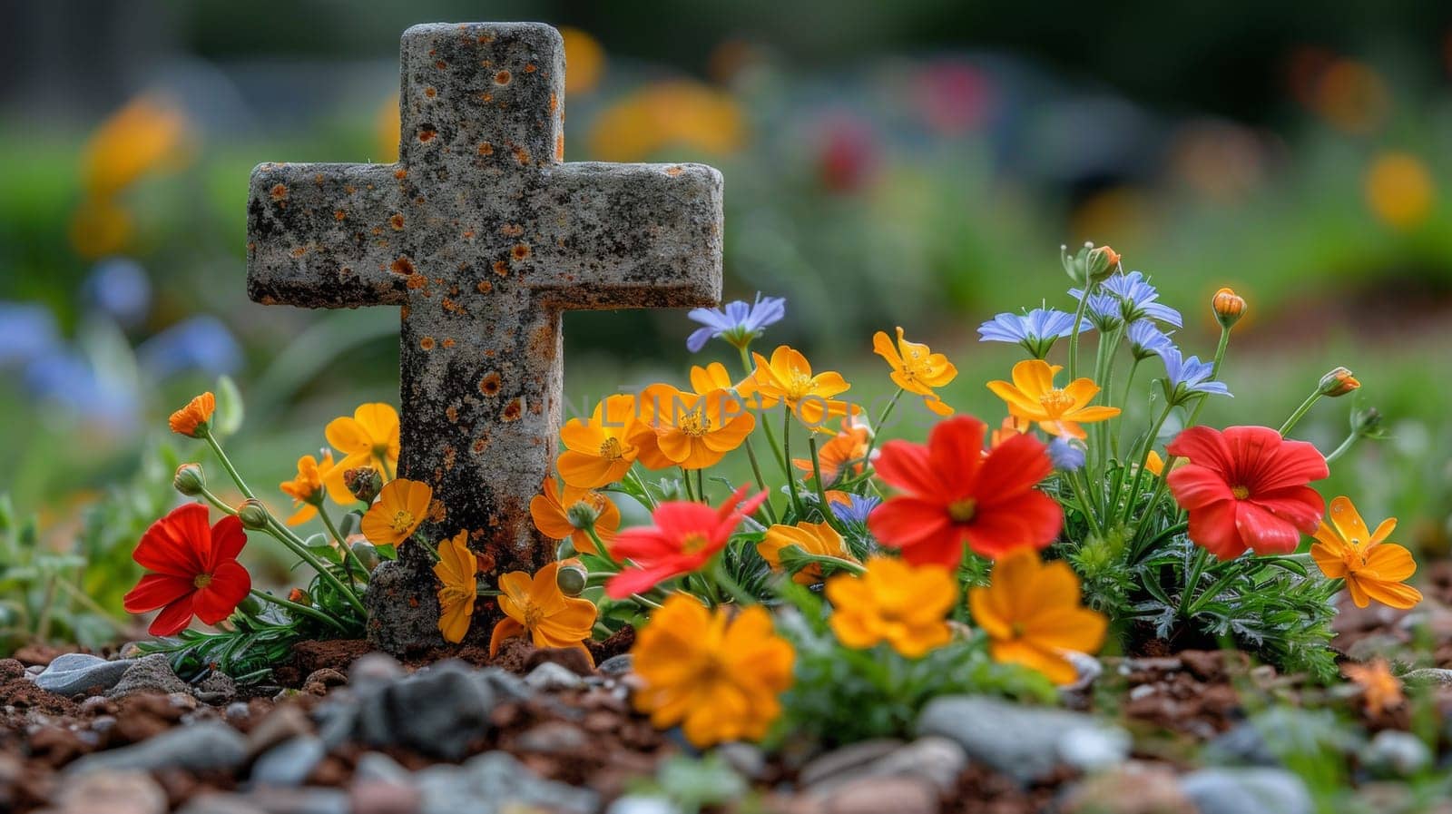 A cross is surrounded by flowers and grass in a garden