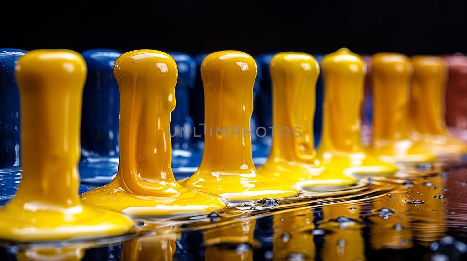 A row of yellow and blue paint on a table