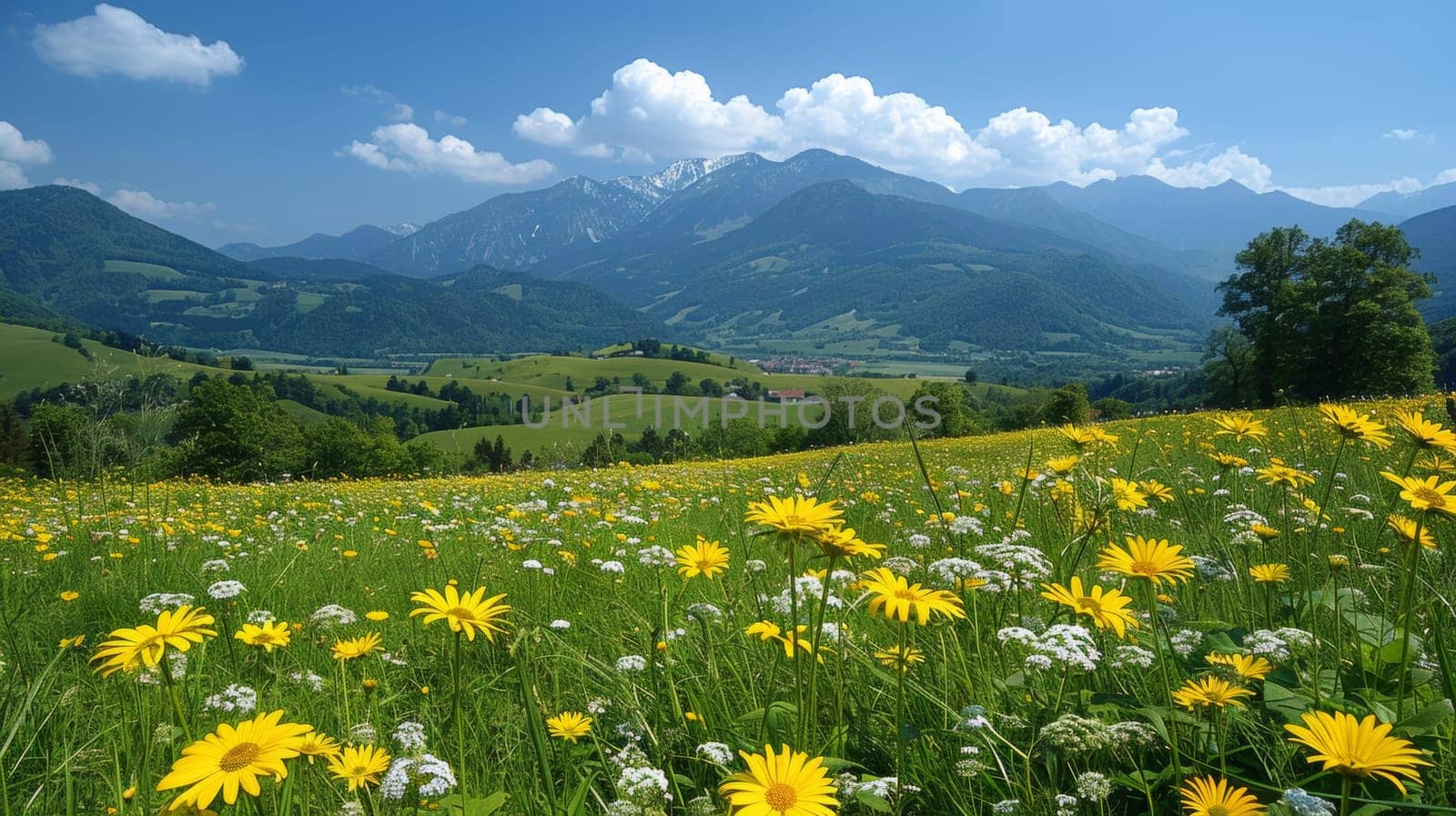 A field of yellow flowers and green grass in a valley