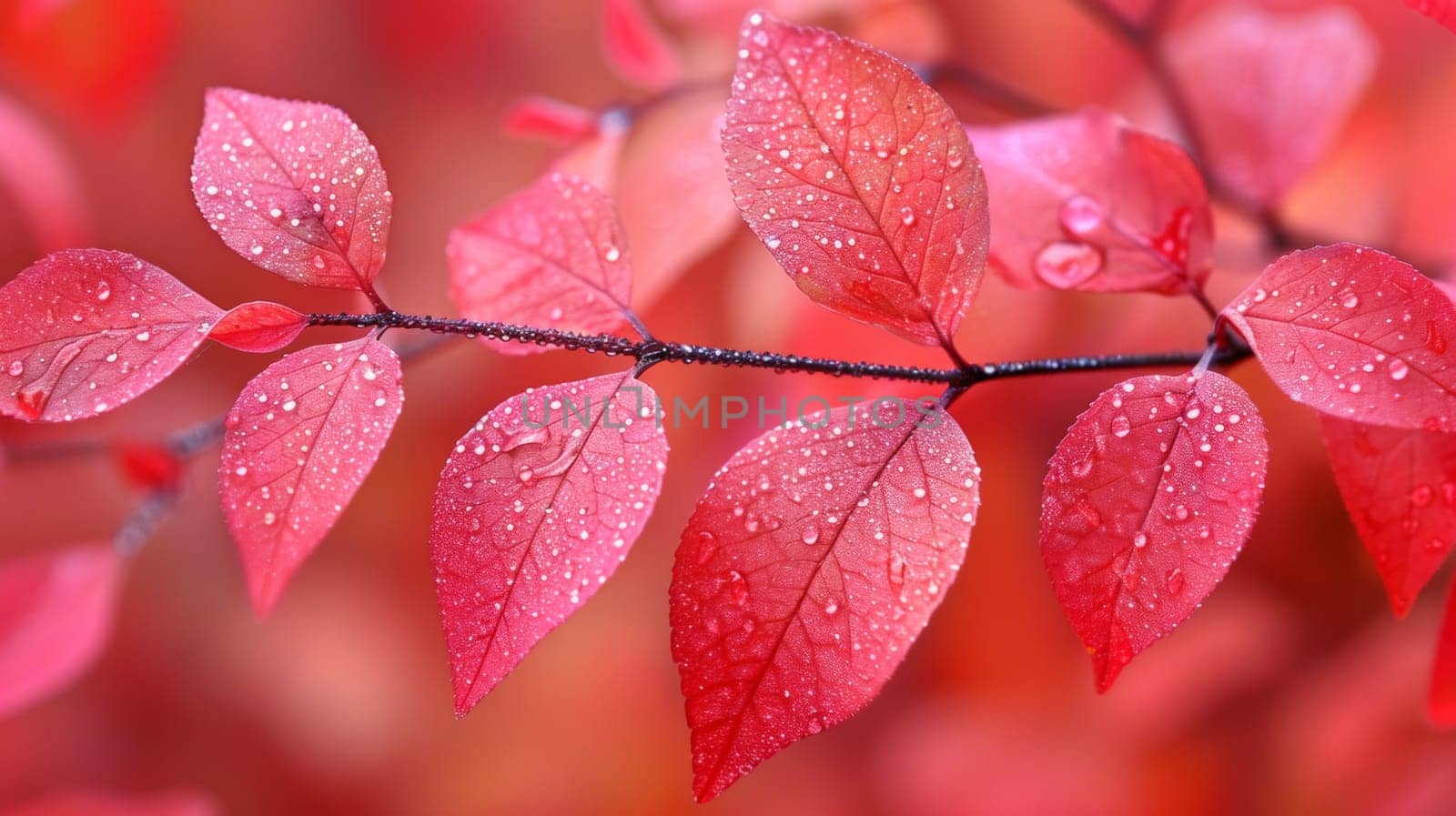 A close up of a red leaf with water droplets on it, AI by starush