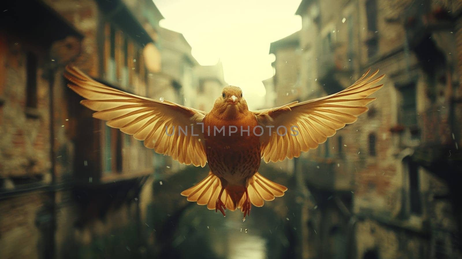 A bird flying over a city street with buildings in the background, AI by starush