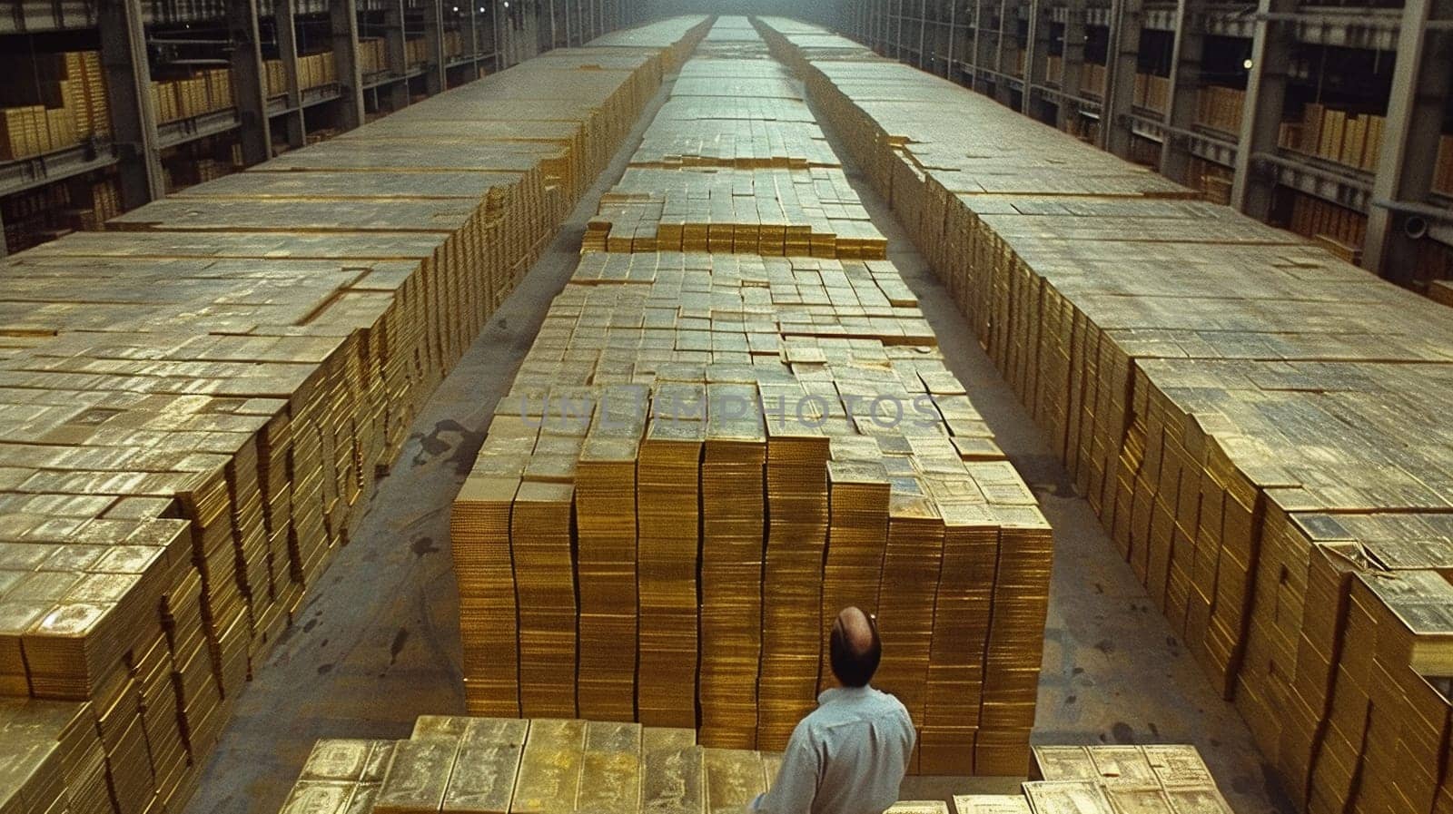 A man standing in a warehouse filled with gold bars
