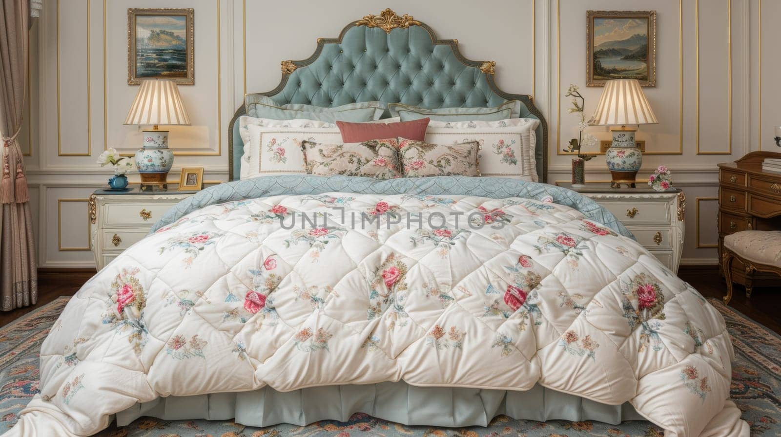 A bed with a white comforter and pillows in the middle of room