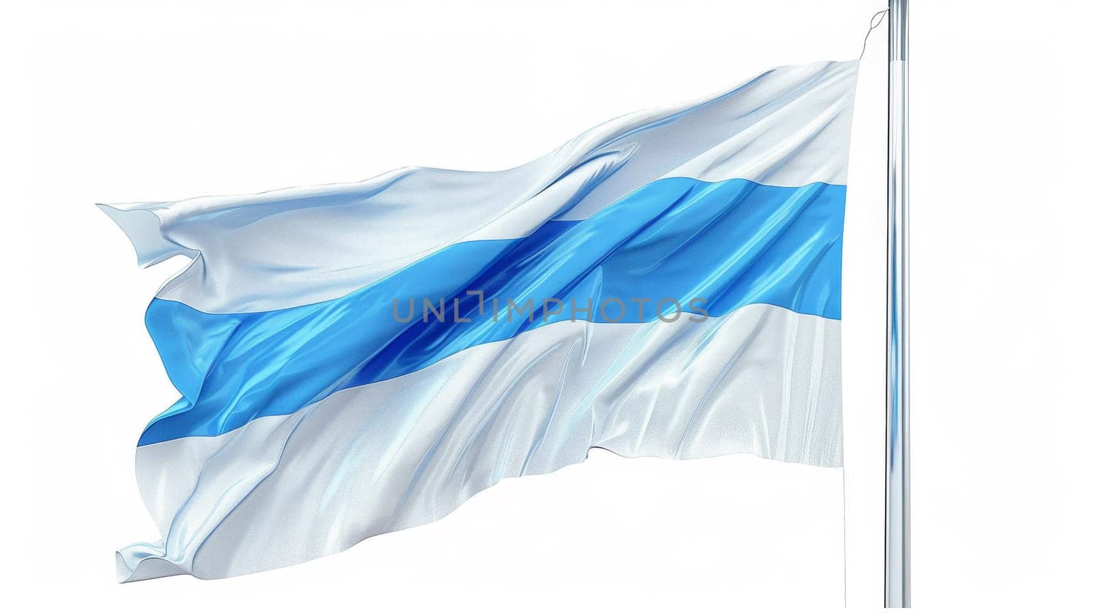 A flag with a blue and white stripe is waving in the wind