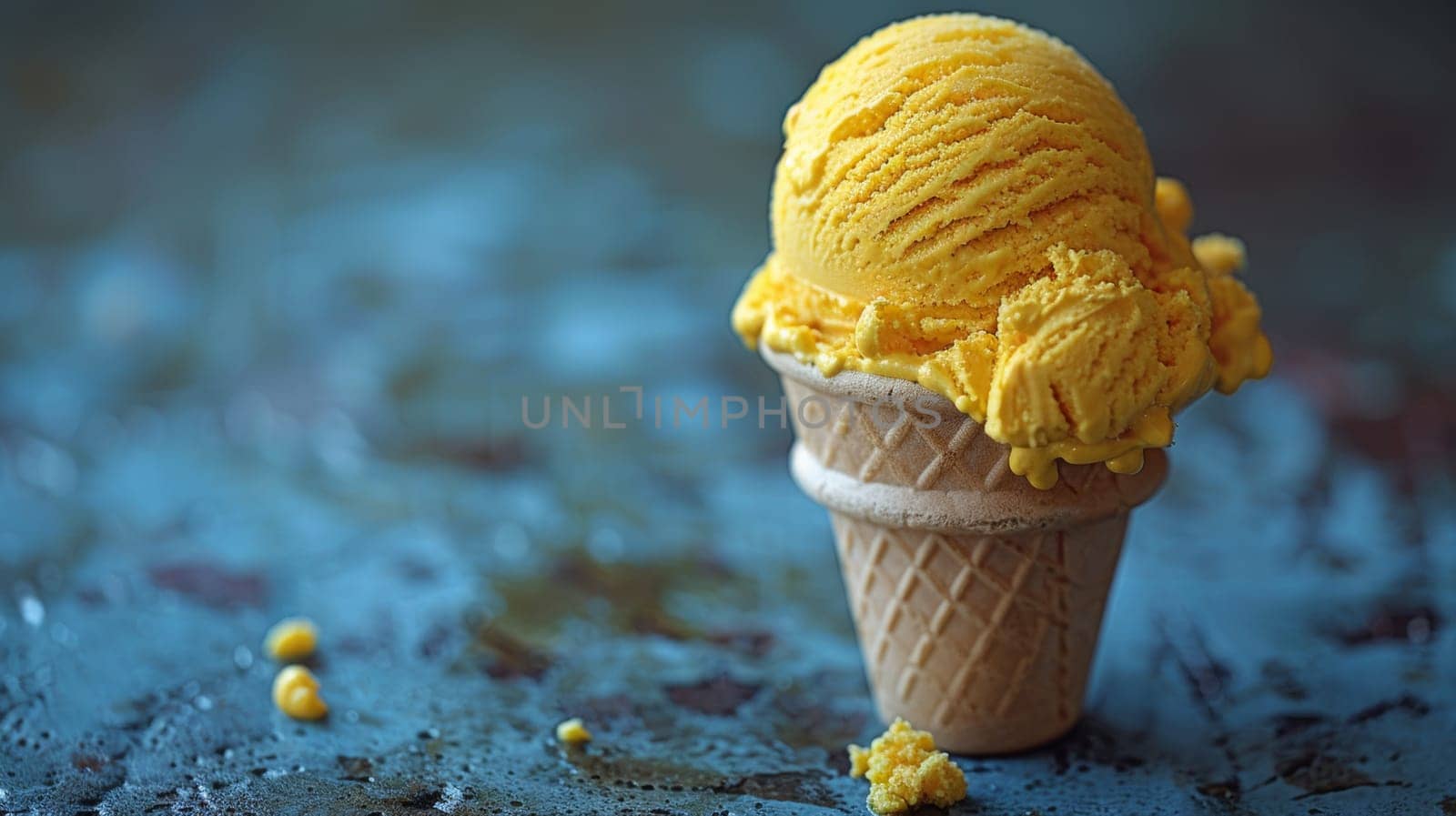 A cone of ice cream in a waffle cup with some spilled on the table