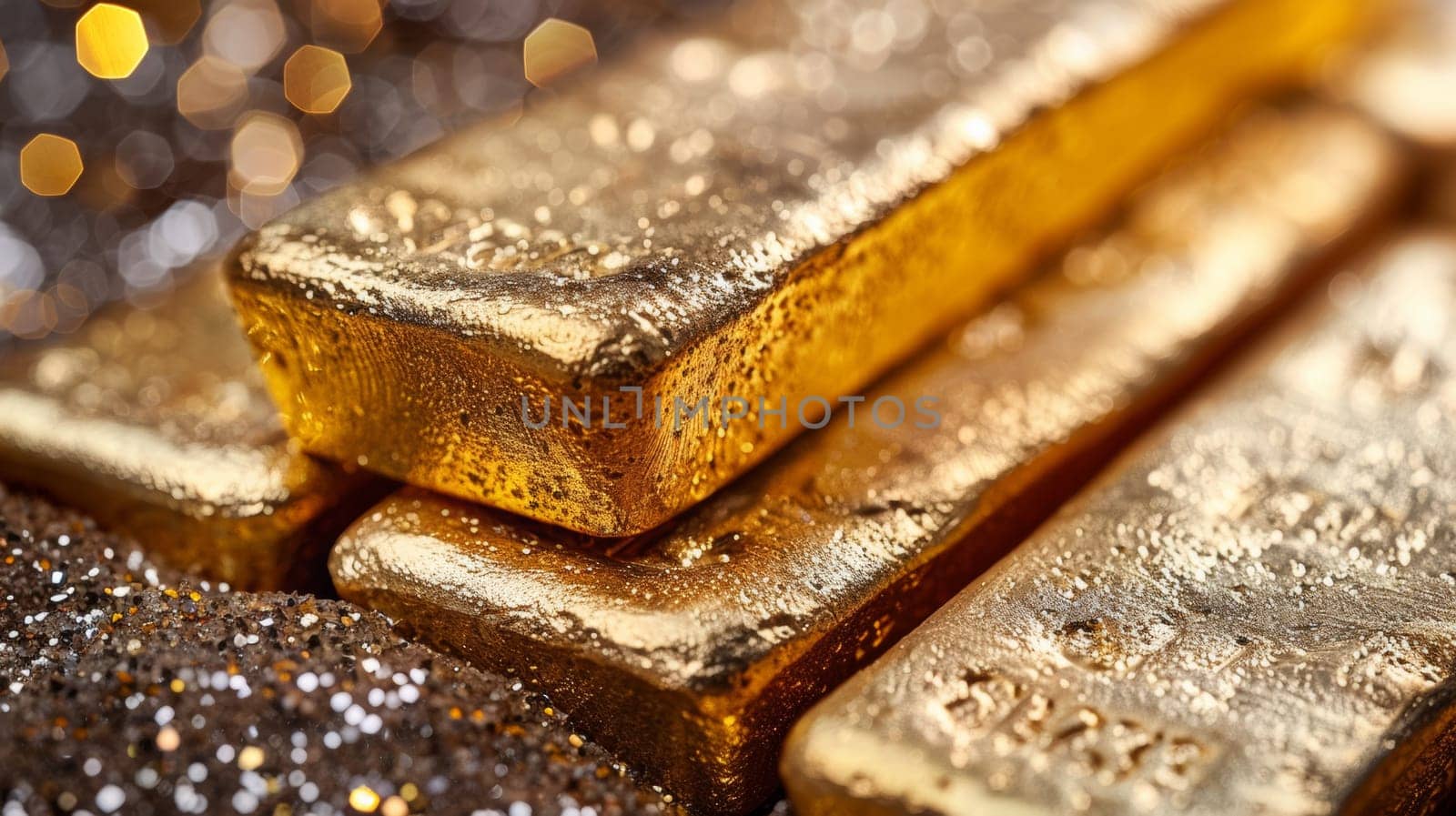 A close up of a pile of gold bars on top of glittering sparkles, AI by starush