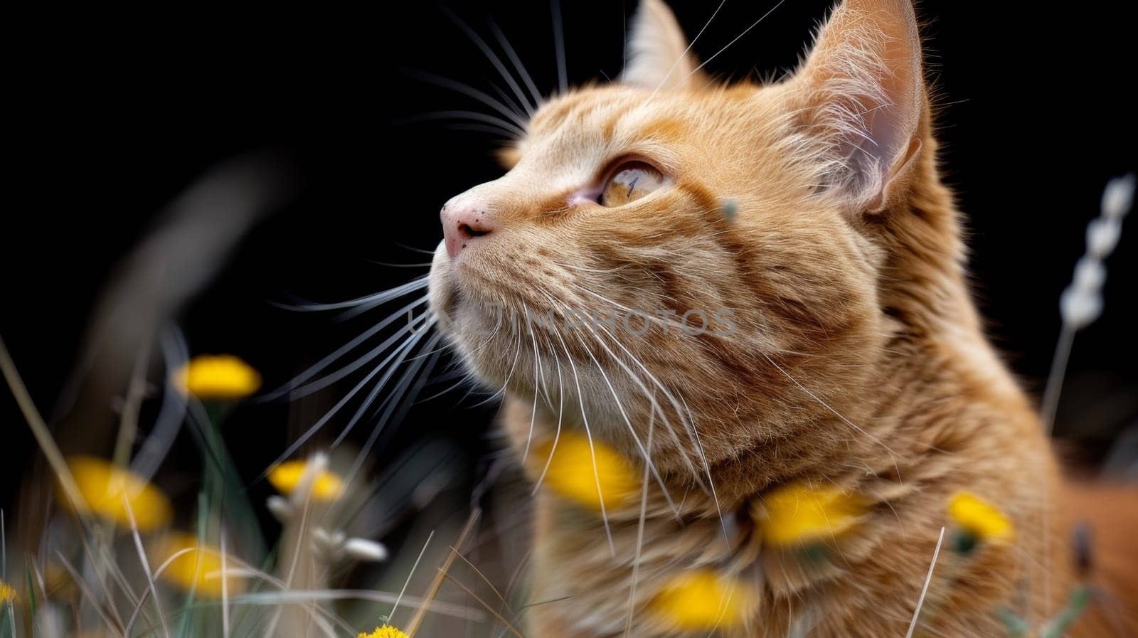 A cat looking up at the sky with yellow flowers in front of it, AI by starush