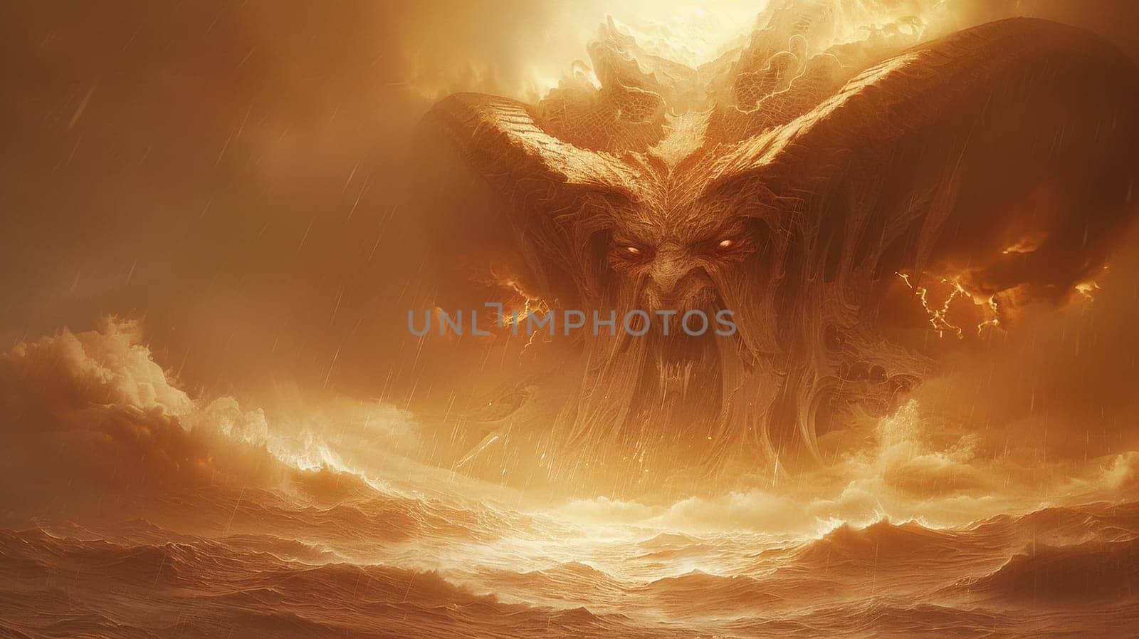 A large demon with a face of fire is standing on top of the ocean
