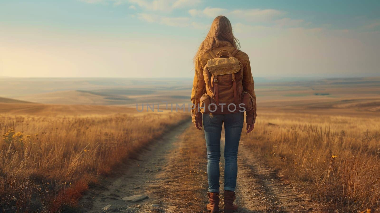 A woman with a backpack walking down the middle of an empty field, AI by starush