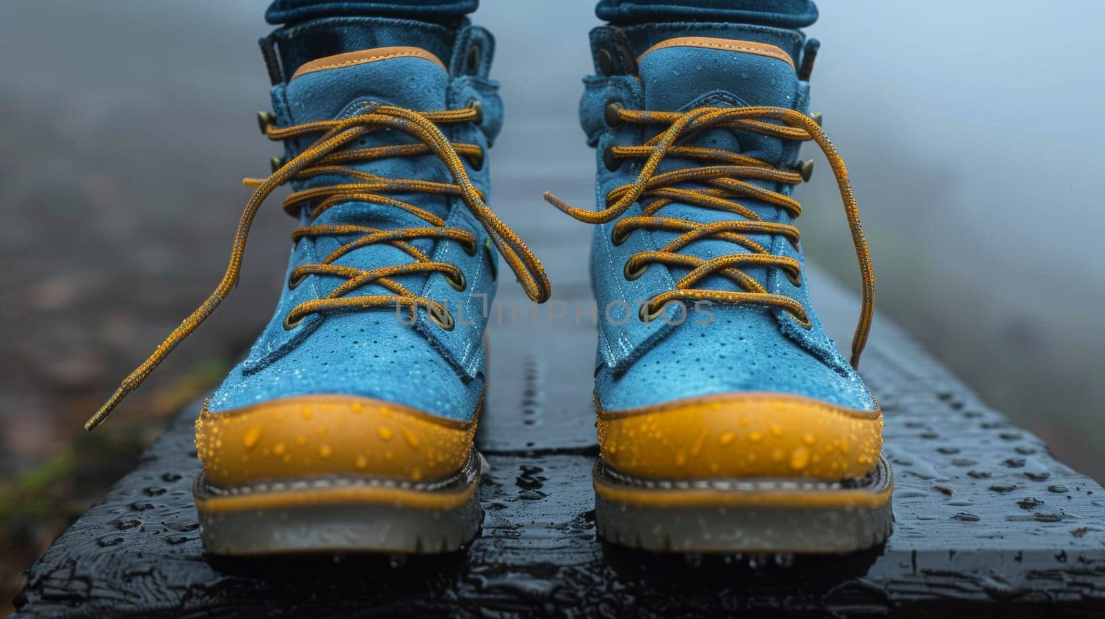 A person wearing blue and yellow boots standing on a wooden platform, AI by starush