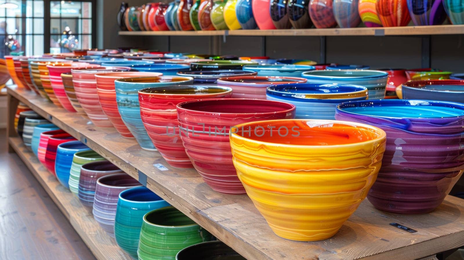 A large number of colorful vases on a wooden shelf, AI by starush