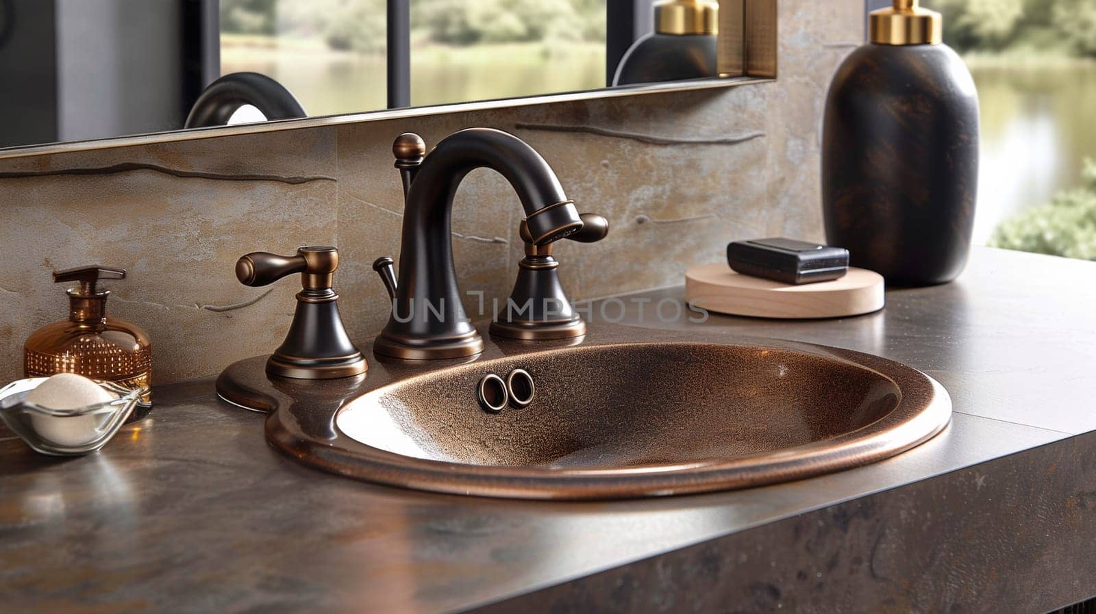 A bathroom sink with a copper finish and soap dispenser, AI by starush