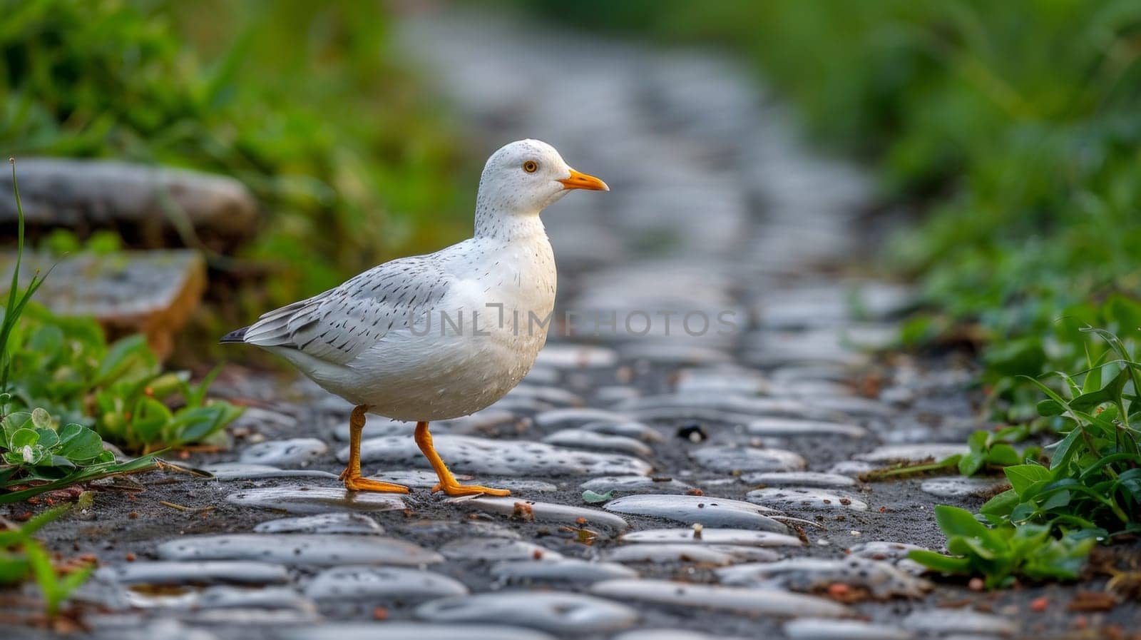 A white bird standing on a stone path with grass and rocks, AI by starush