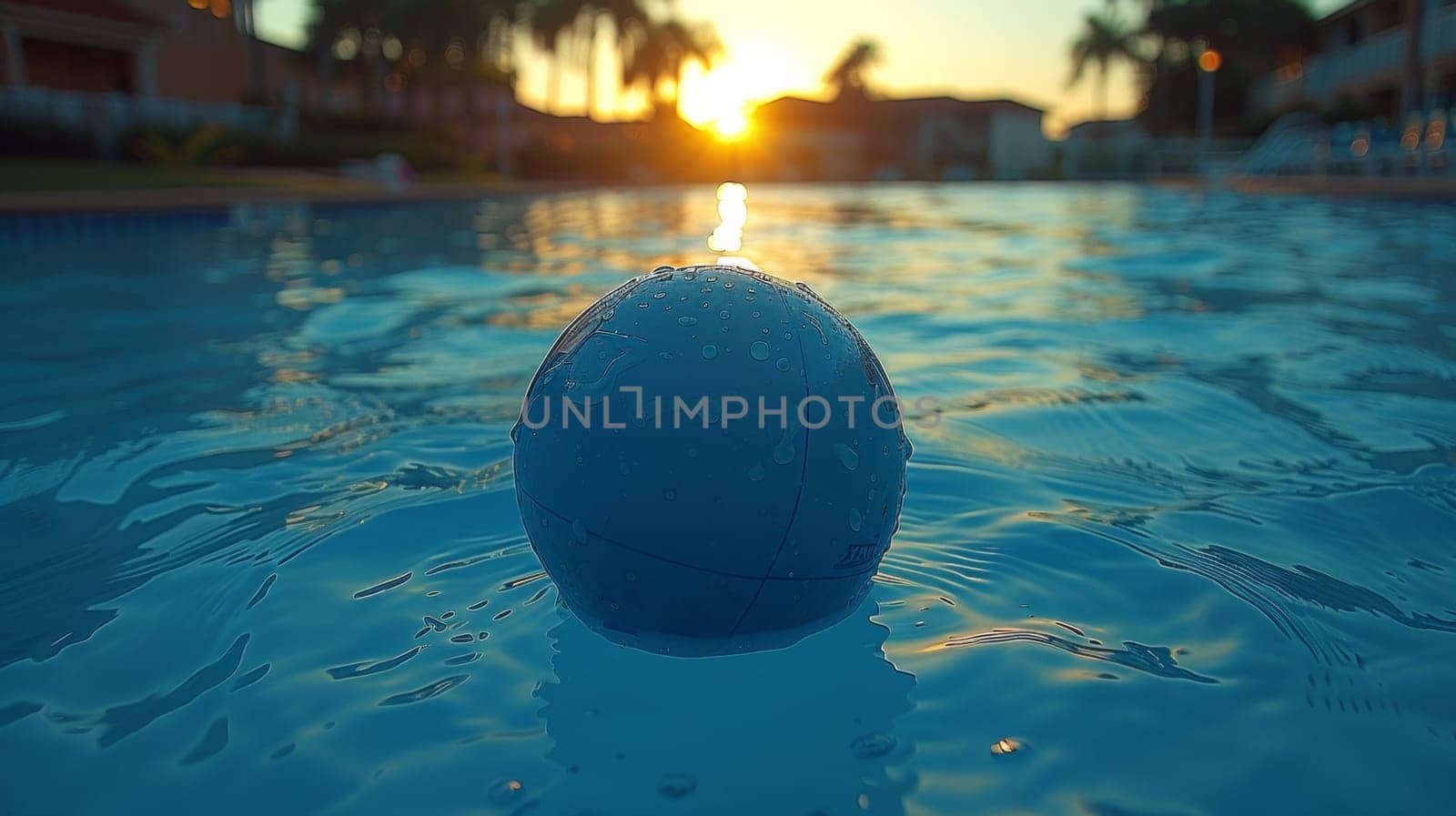 A blue ball floating in a pool with sun setting behind it, AI by starush