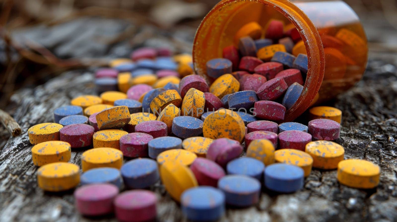 A pile of colorful pills spilling out from a bottle on the ground