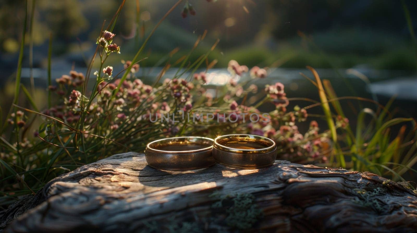 Two wedding rings sitting on top of a rock in the middle of flowers