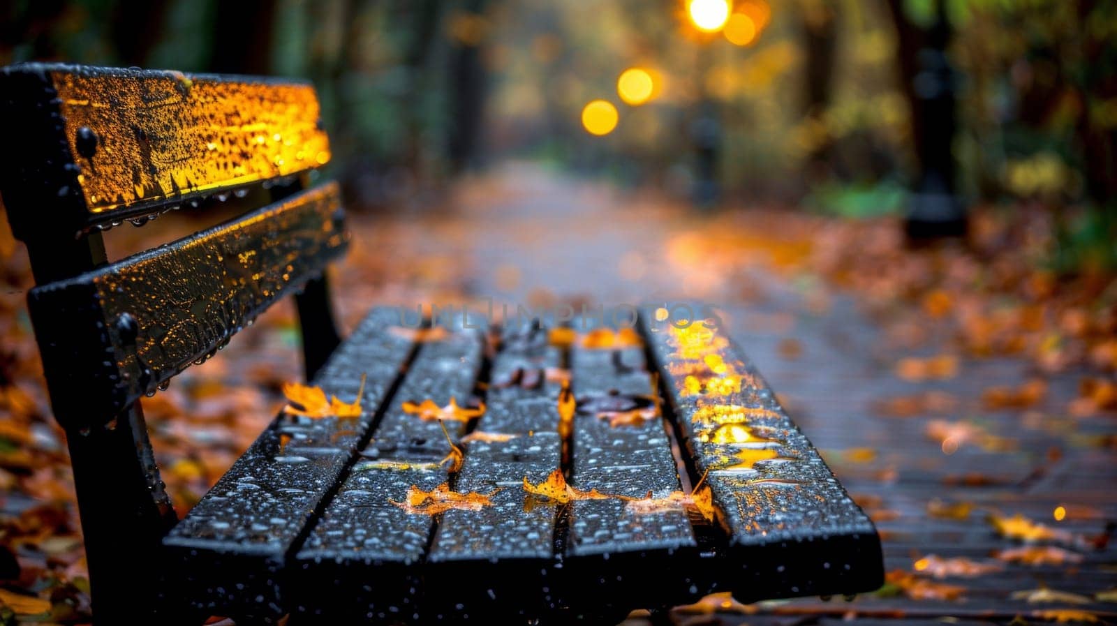 A bench with leaves on it in the woods, AI by starush