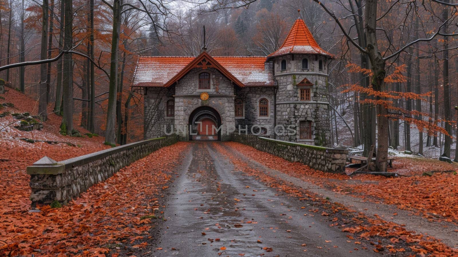 A castle-like building with a bridge in the middle of an autumn forest