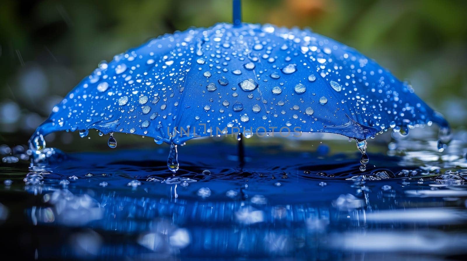 A blue umbrella with water droplets on it sitting in the middle of a body of water, AI by starush