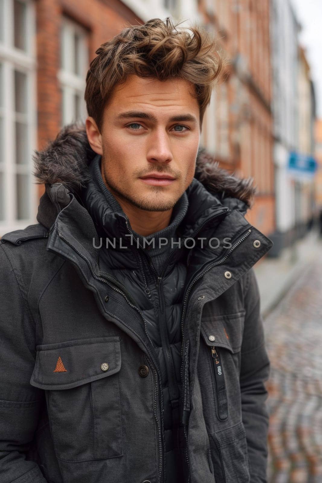 A man in a jacket standing on the side of a street