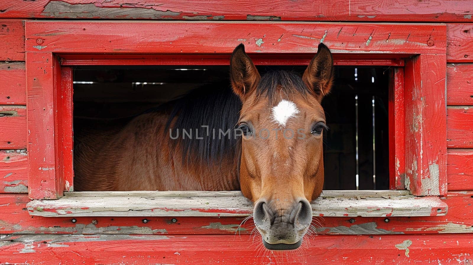 A horse sticking its head out of a red barn window