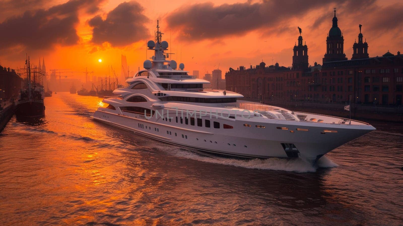 A large white yacht traveling down a river at sunset, AI by starush