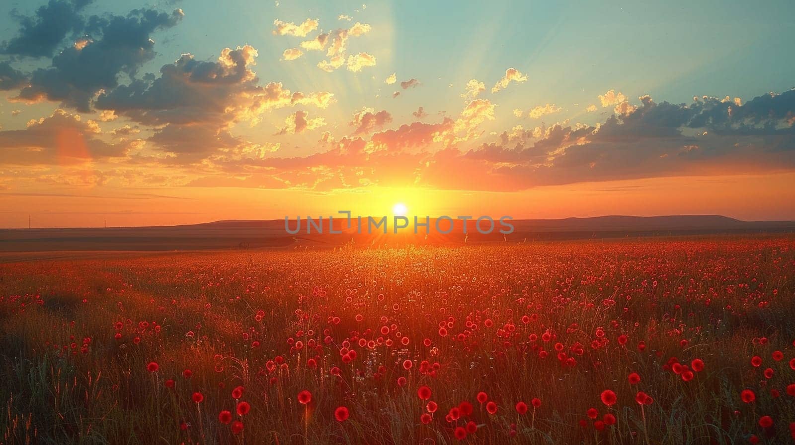 A field of red flowers with the sun setting in the background