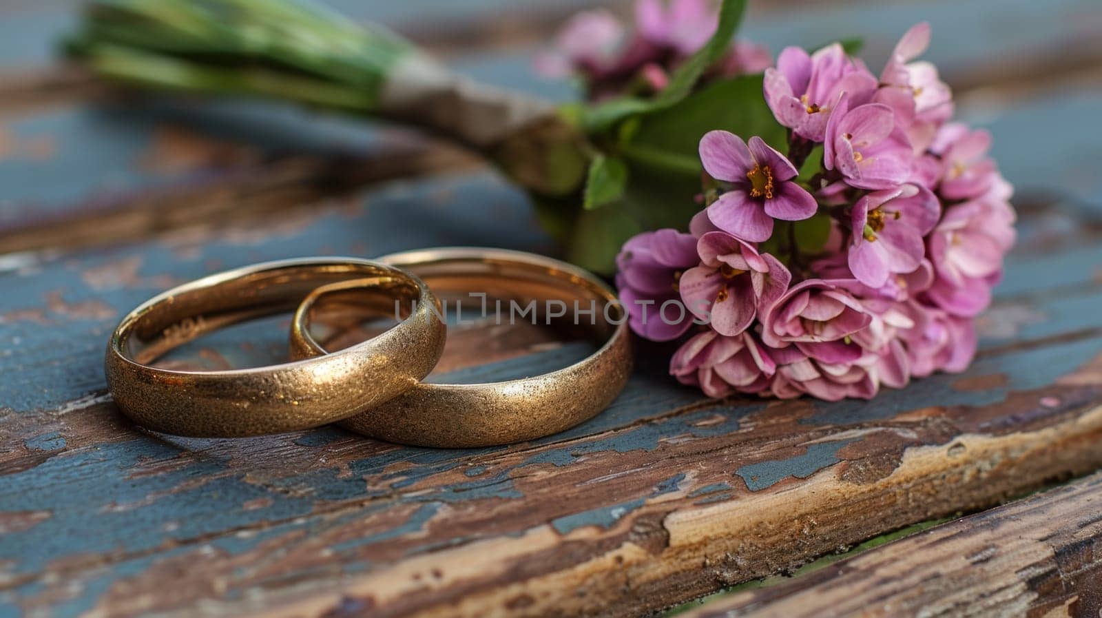 Two gold wedding rings sitting on top of a wooden table, AI by starush