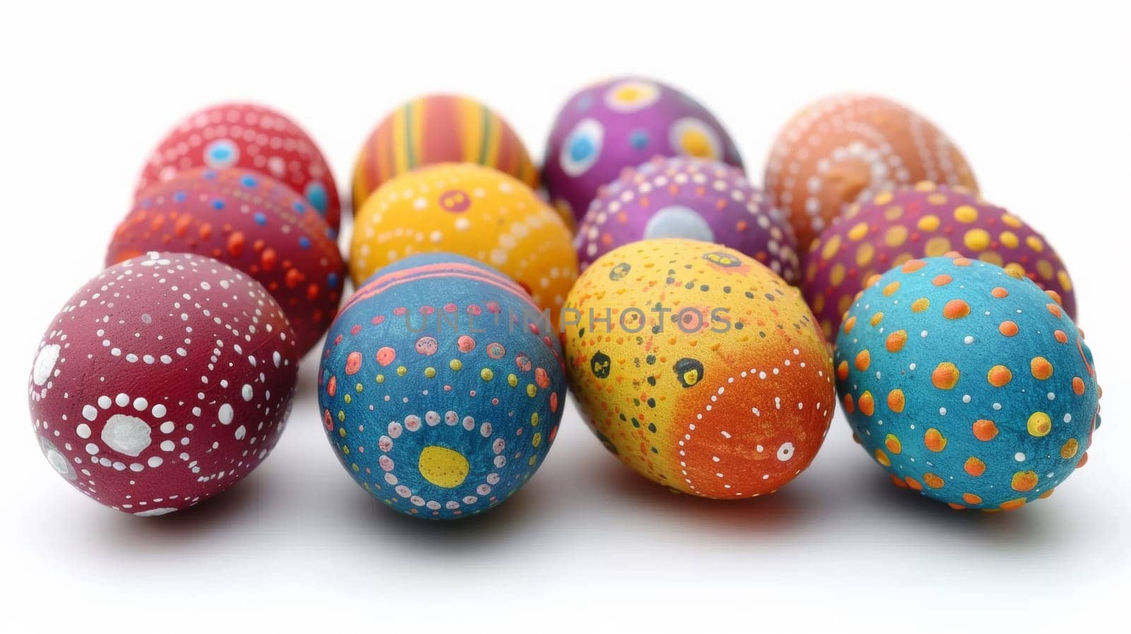 A group of brightly colored eggs with dots and polka-dots, AI by starush