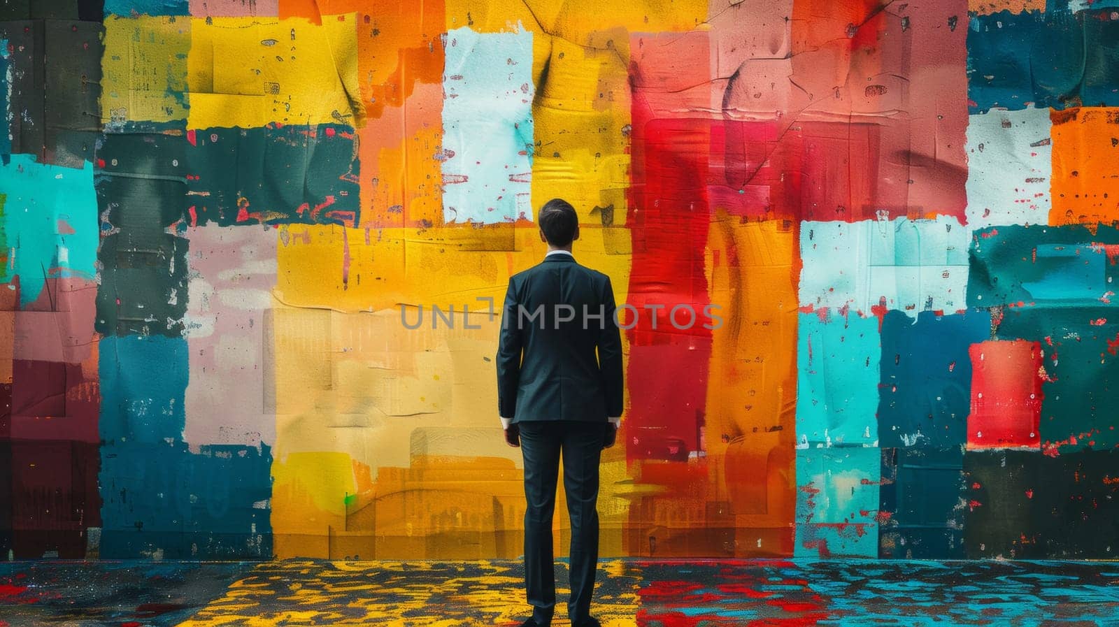 A man in a suit standing next to an abstract painting