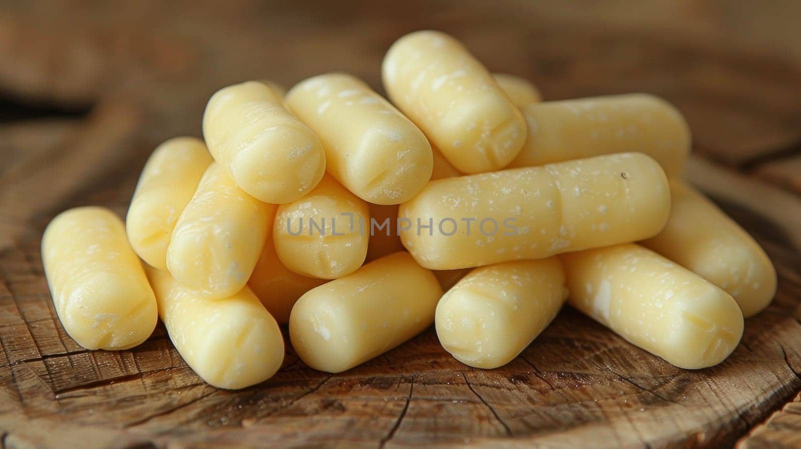 A pile of cheese on a wooden table with some other food